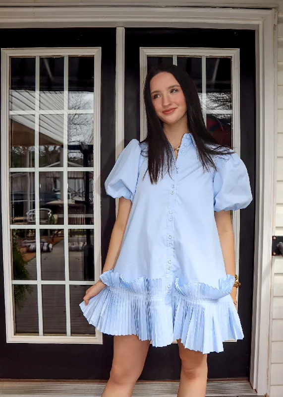 Pleated Hem Shirt Dress in Blue