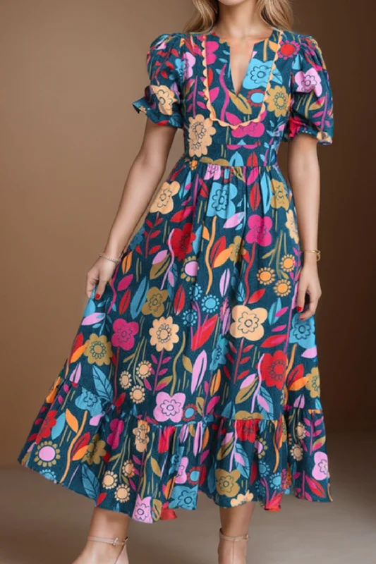 Epic Deals Denton Printed Notched Puff Sleeve Midi Dress