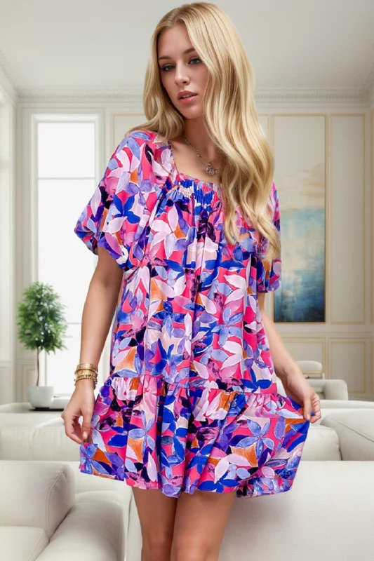 Final Clearance Desmond Printed Square Neck Short Sleeve Mini Dress