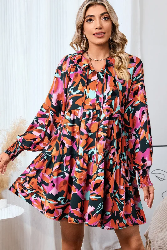 Don't Wait Dellyn Printed Tie Neck Lantern Sleeve Mini Dress