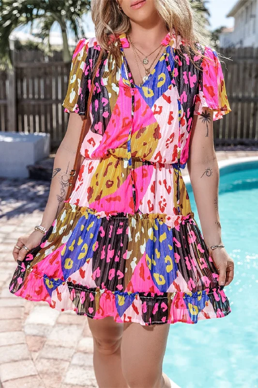 Midnight Madness Callum Printed Tie Neck Short Sleeve Mini Dress