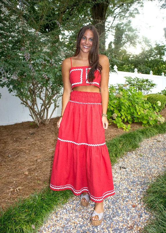 Chimes Red Linen Maxi Skirt