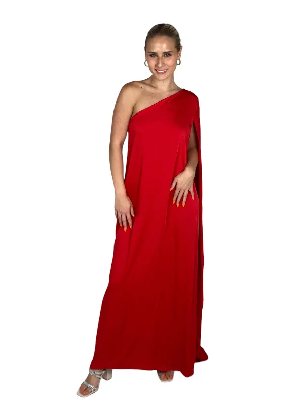 Red One Shoulder Cape Maxi Dress