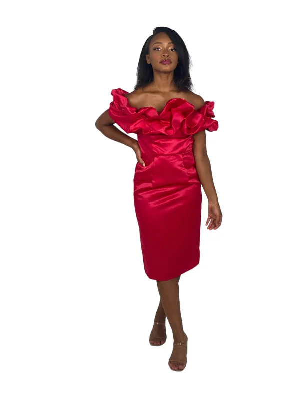 Red Ruffle Shoulder Midi Dress