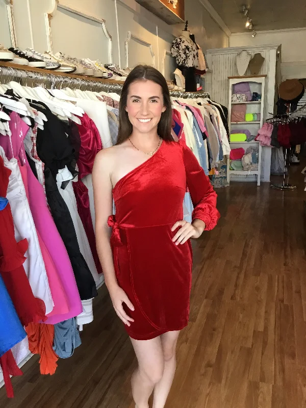 Red Velvet One Shoulder Dress