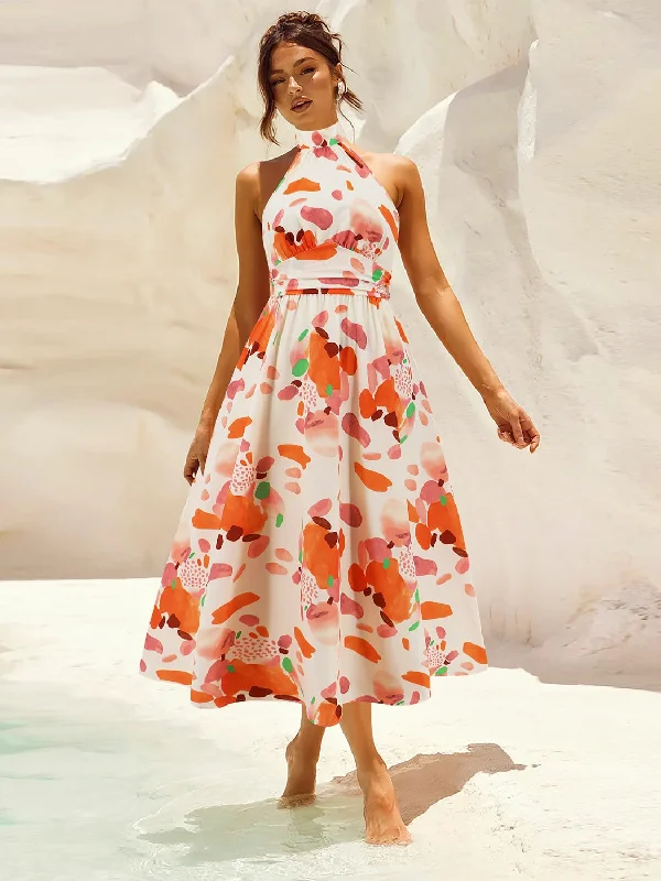 Savings Event Kallie Ruched Printed Halter Neck Sleeveless Dress