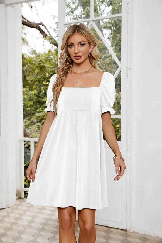 Now or Never Mavis Ruched Square Neck Flounce Sleeve Mini Dress