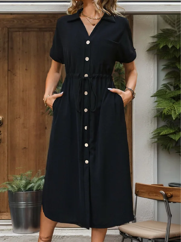 Special Savings Katrina Slit Drawstring Button Up Short Sleeve Midi Dress