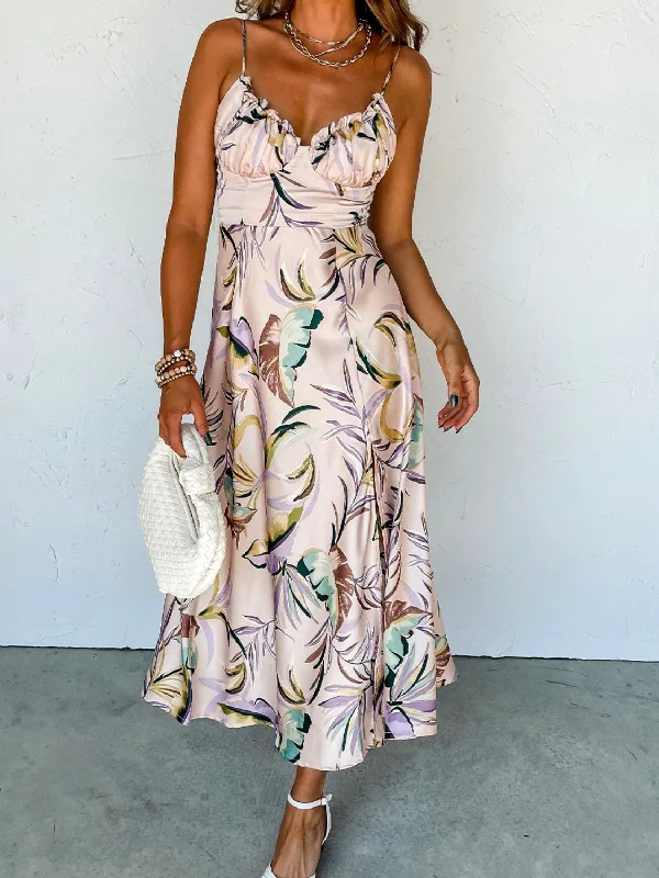 Price Smash Hart Slit Frill Printed Midi Cami Dress