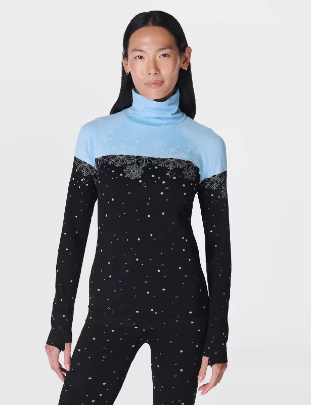 Anniversary Sale Snowflake Funnel Neck Base Layer Top - Blue Snowflake Jacquard