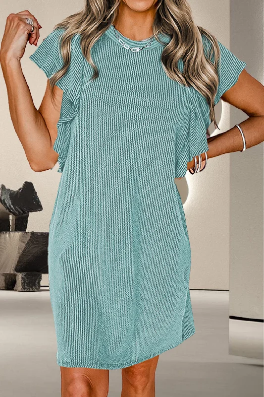 Discount Mania Banning Textured Ruffled Round Neck Cap Sleeve Dress