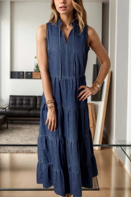 Price Reduction Meadow Tie Neck Sleeveless Denim Dress