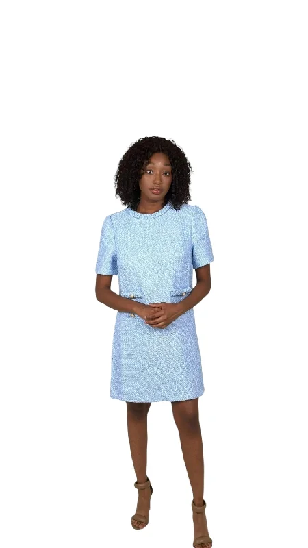 Overstock Sale Blue Tweed Double Pocket Mini Dress