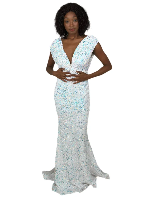 Closeout White Backless Sequin Maxi Dress