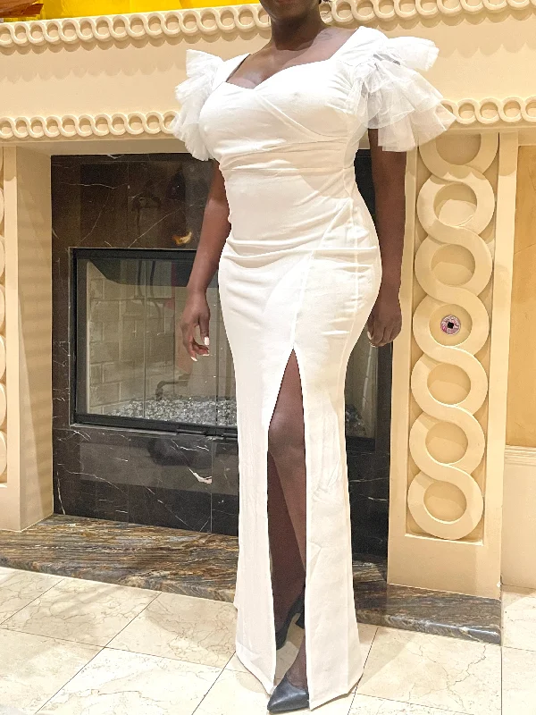 Price Rollback White Tulle Shoulder Maxi Dress